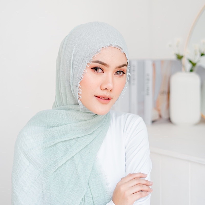 PASHMINA CRINKLE CRIMP COTTON SHAWL HIJAB PASMINA CRINKLE RAWIS  KUSUT Factory Outlet FAME ladyfame-Green Sage