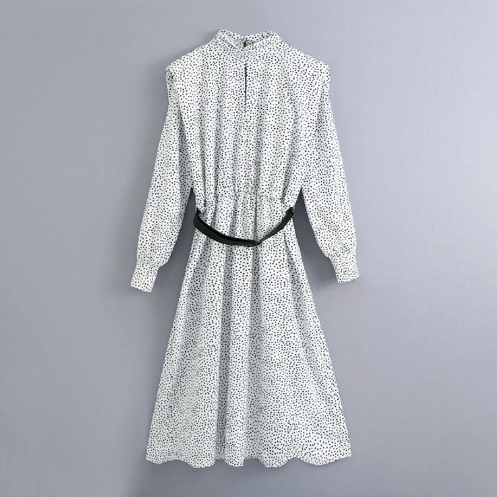 Maxi Dress Wanita Motif Polkadot Lengan Panjang Vintage Pattern Dress Korea White Small