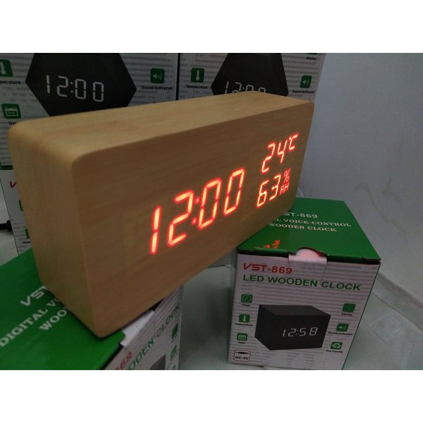 Jam Meja Digital Led Weker Digital Wood Alarm Clock 010 cream red