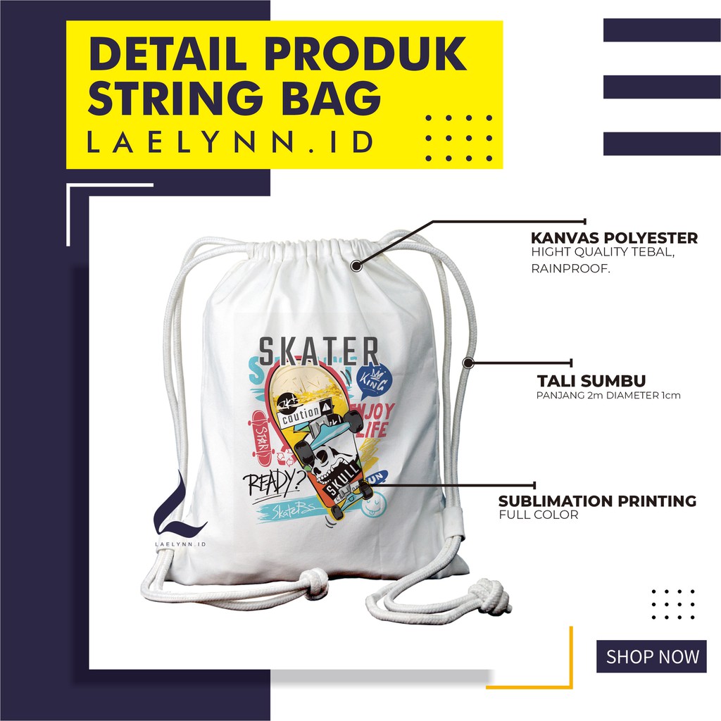 LAELYNN - STRING BAG TAS SERUT KANVAS PREMIUM Motif Skate - SKT0108