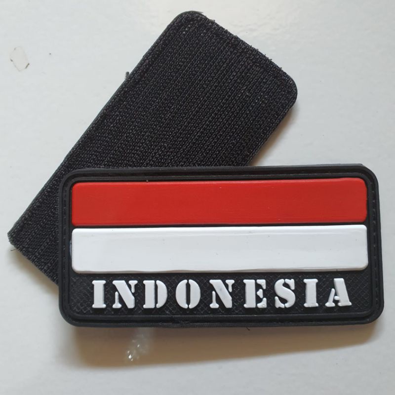 patch rubber logo bendera merah putih tulisan indonesia panjang / tempelan emblem karet velcro