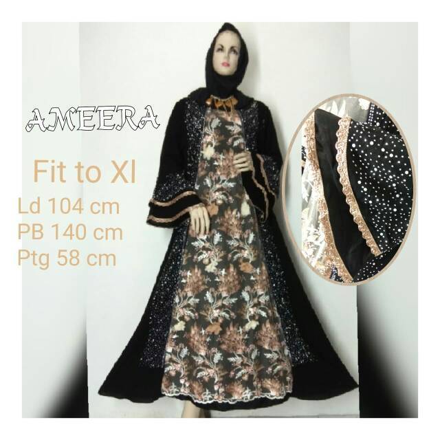 Abaya Gamis Pesta Set Ameera ( Arabian Black ) warna hitam payet bunga mewah