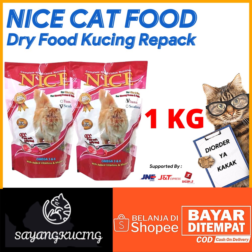 MAKANAN KUCING 1 KG KERING NICE CAT PAKAN KUCING SNACK KUCING | Shopee