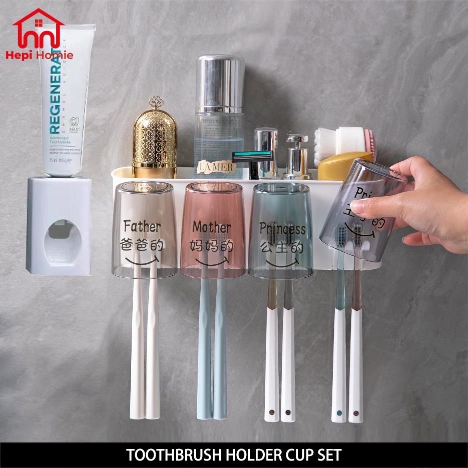 [HH] TOOTHBRUSH HOLDER CUP SET + TOOTHPASTE DISPENSER / RAK GANTUNG TEMPAT SIKAT GIGI &amp; ODOL TEMPEL DINDING / HANGING WALL BRUSHING MOUTHWASH CUPS