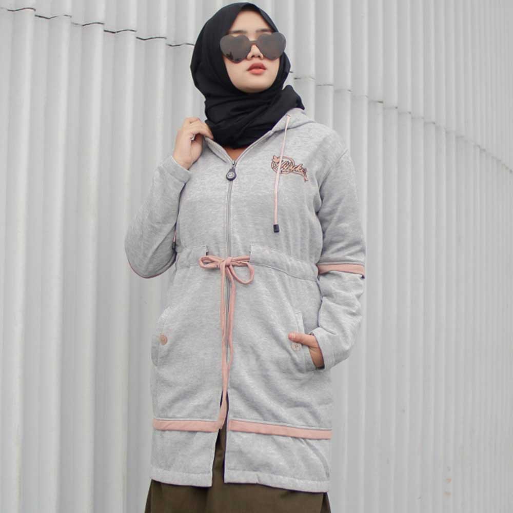 Jaket Hijacket Wanita Cewek Cewe Muslimah Jacket Hoodie Hijabers Kekinian Terbaru Modis Hijaket AUR-Abu Muda