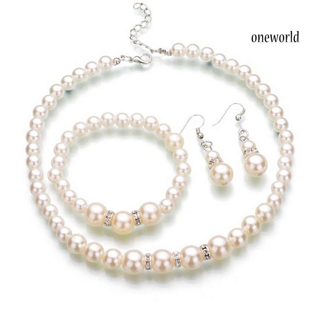 OW@ 3Pcs Elegant Women Faux Pearl Necklace Hook Earrings Bracelet Wedding Jewelry Gift