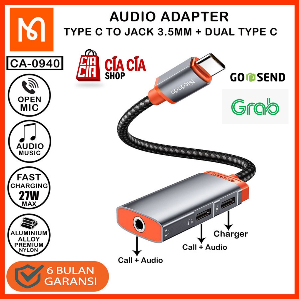 MCDODO CA-7540 Converter Type C To Jack 3.5mm Charging + Audio + Call Mic Adapter Type C Converter Audio Type C to DC 3.5mm