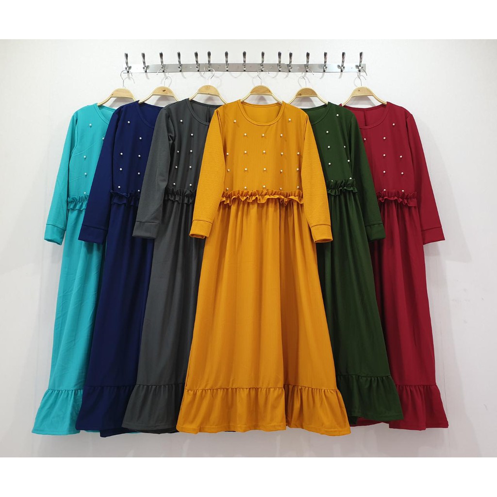 westylis Gamis Polos Rampel Taburan Mutiara Model Kerut DADA ( Real Pic ) All Size XL / Ld 100 cm