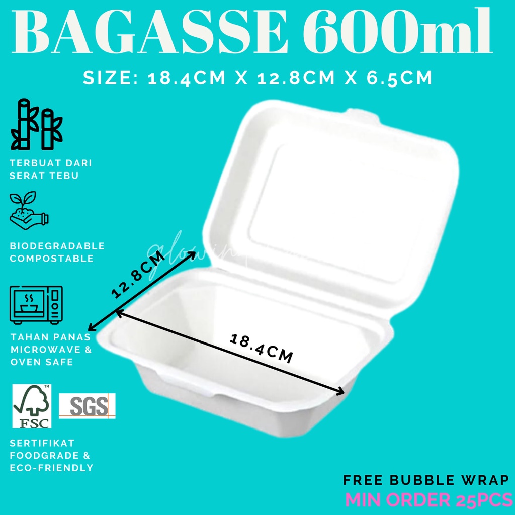 Bagasse Kotak 600ml Lunchbox Takeaway Sugarcane Serat Tebu ECO FRIENDLY