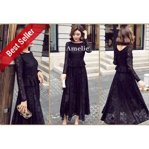 TERMURAH - Dress Import Long Gaun Pesta Lengan Lace Brukat Korea Black Red Merah Wanita Murah