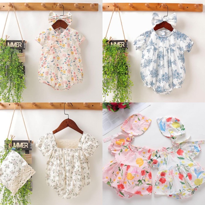 Baby Romper Korean Version of Summer Girl + Head Accesories - 73 Floral