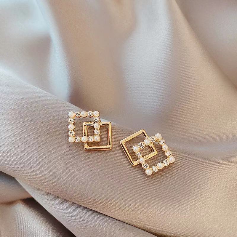 Square pearl stud anting-anting untuk wanita 2021 baru trendi geometris kecil dan sederhana indah mi