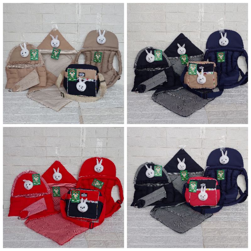 Paket Hemat (4 in 1) Tas Bayi Polka Boneka  Gendongan Bayi Samping Boneka Kelinci Gendongan Depan Boneka Kelinci Dan Selimut Bayi Boneka Kelinci