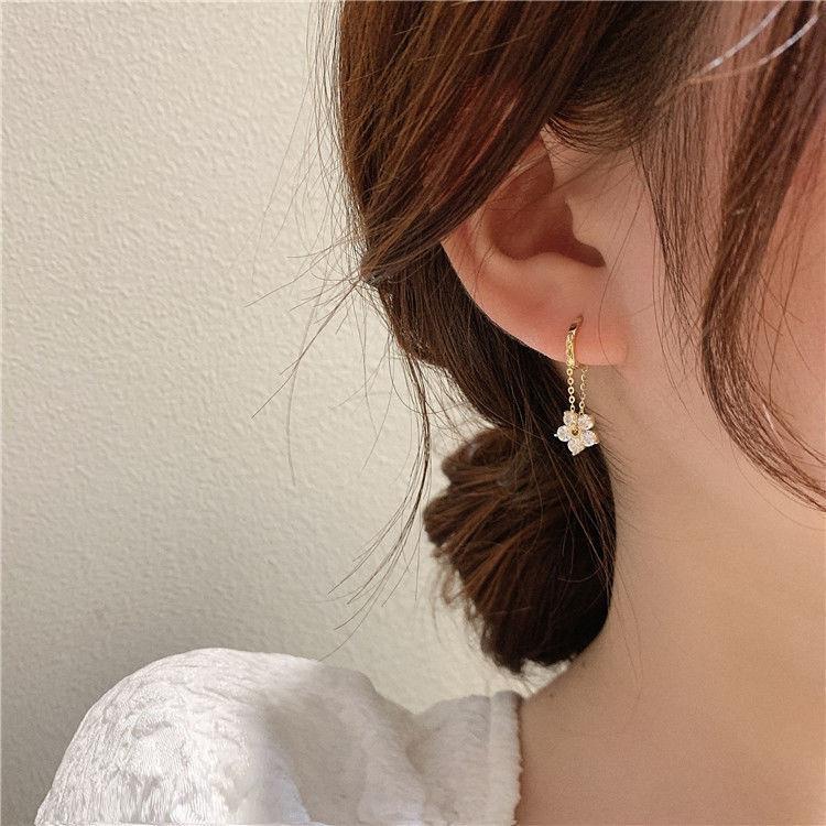 Vintage Chain zircon fringe flower earrings high-quality Korean S925 silver needle earrings for women