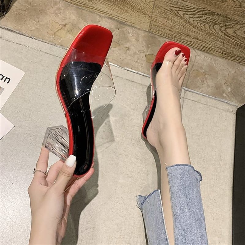 R9 Sandal Wanita PVC 2023 Sepatu Hak Tinggi Ujung Terbuka Kristal Sepatu Sandal Hak Transparan Wanita