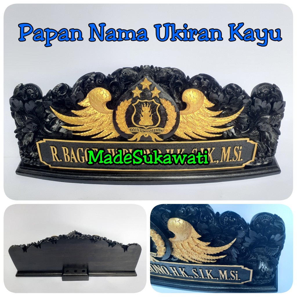 Papan nama meja nameplate kayu 53cm ukir bali lambang polisi