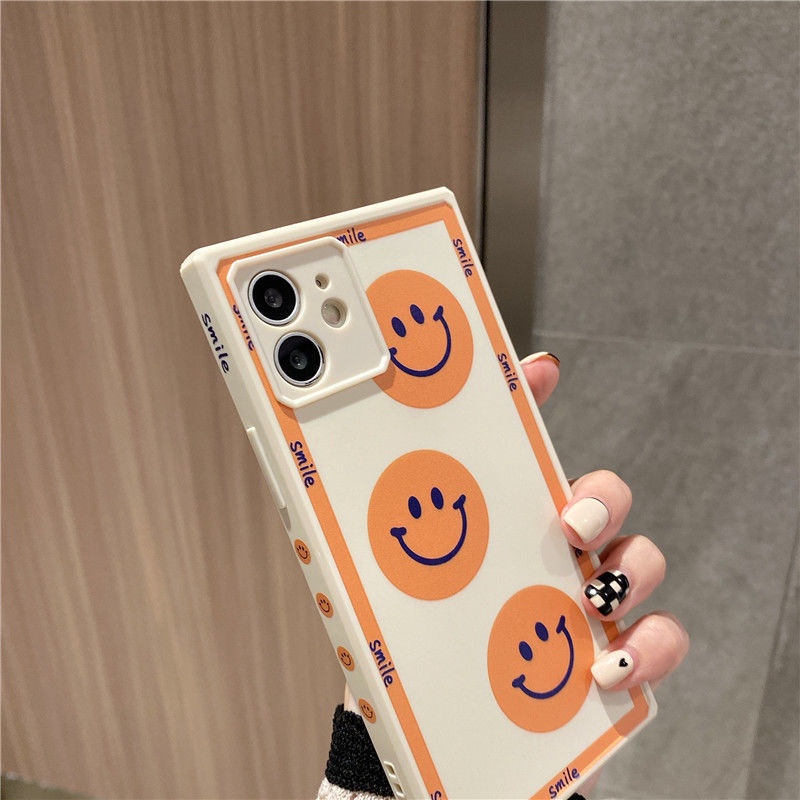 Casing Ponsel untuk iPhone 7 8 Plus SE 2020 11 12 Pro Max Silikon Square Orange Smiley Kartun Casing Ponsel untuk iPhone XR Xsmax Casing Tahan Guncangan grrt