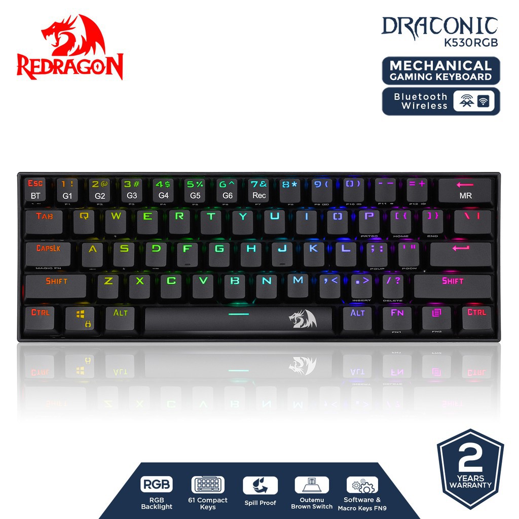 Keyboard gaming Redragon Mechanical 60% tkl wired type-c Bluetooth rgb draconic k530rgb K530