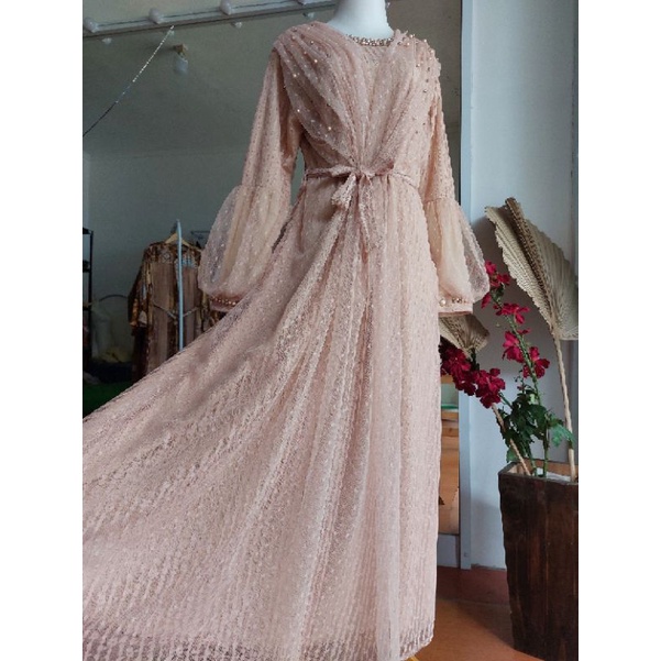 Ozias Gamis Mewah Pearl (Mutiara). Dress Brukat Kondangan Cantik Lengan Balon. Gamis kondangan, Gami