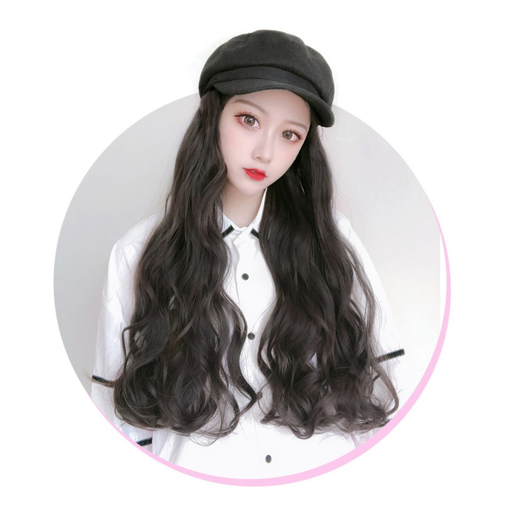 HTO wig topi octagonal baret beret panjang wig hat rambut palsu hair extension