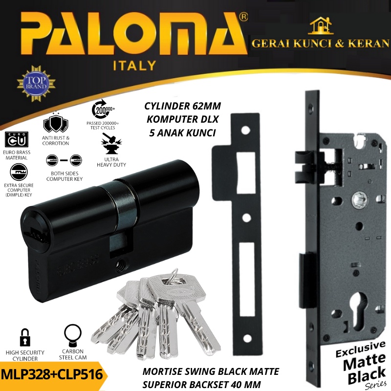 PALOMA MORTISE LOCK SET CYLINDER MLP 328 CLP 516 KUNCI BODY SWING BACSKET 40MM CYLINDER 62MM HITAM BLACK MATTE