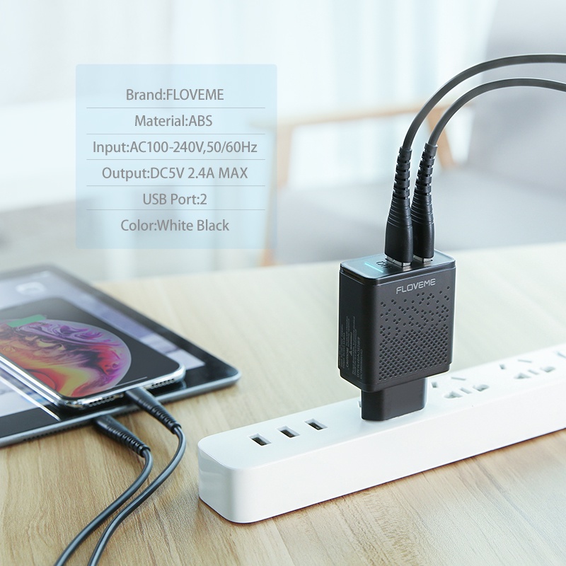 Floveme Charger USB Fast Charging 2 Port 2.4A - D30226 - Black