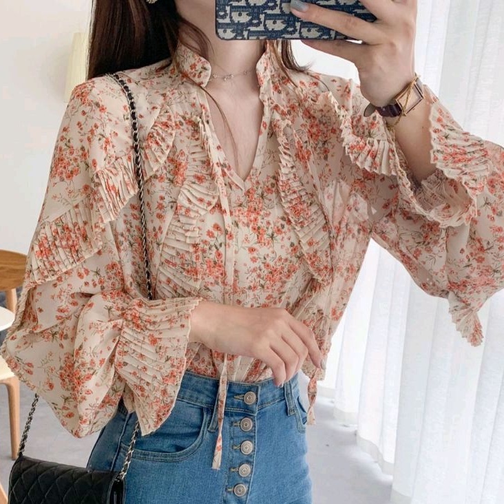 8680 Atasan Baju blus blouse blose kemeja lengan panjang Ruffle modis simpel elegan mewah pesta kond