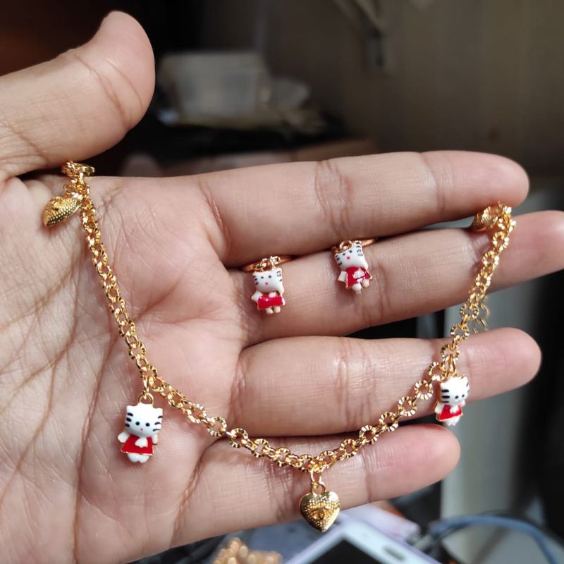 Anting + Gelang Anak Perempuan Model Hello Kitty Usia 0 -7 Tahun Emas Perhiasan Import Anti Karat