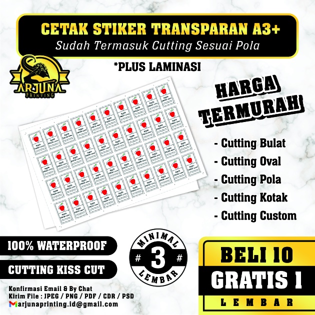 

CETAK STIKER TRANSPARAN PLUS LAMINASI A3+ (PRINT + CUTTING) QUANTAC / STIKER LABEL WATER PROOF