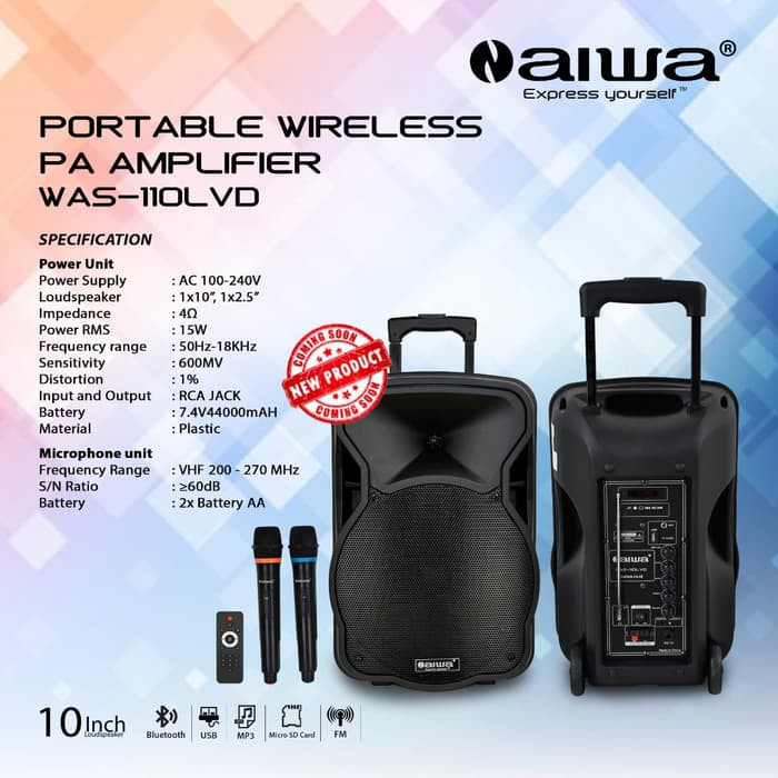 SPEAKER PORTABLE BLUETOOTH WIRELESS MEETING - AIWA WAS-110LVD bisa karaoke dr youtube