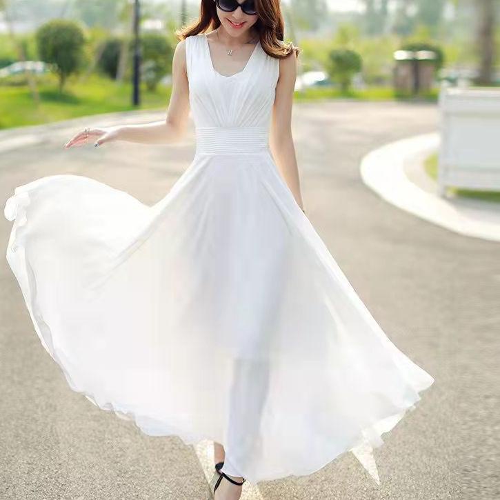 Barang Pilihan.. Gaun Sifon Tanpa Lengan/Gaun Panjang Pantai/dress korea/dress wanita/midi dress/kor
