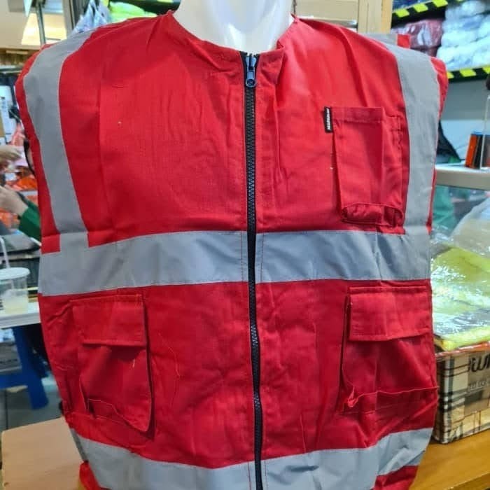 Rompi Safety Proyek Drill merah / Rompi Safety Lapangan / Safety Vest drill merah