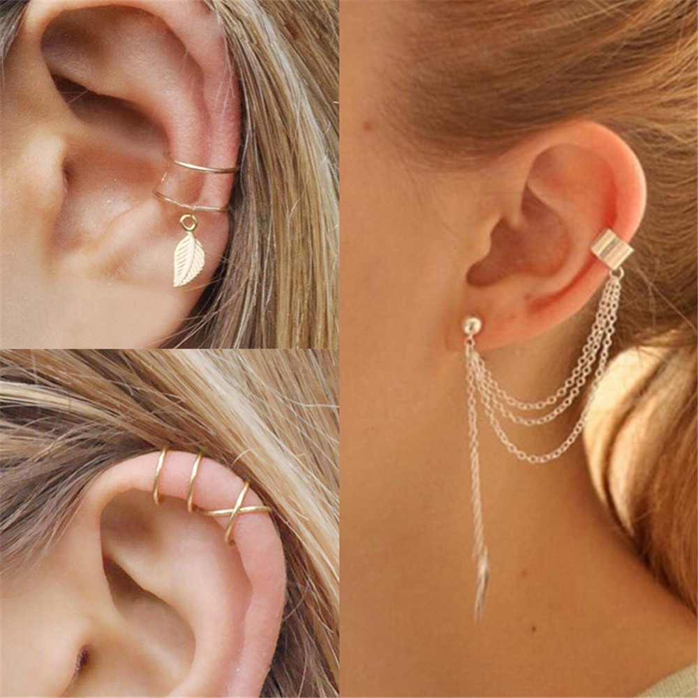 7-piece Set Klip Telinga Tanpa Tindik | Wanita Logam Daun Rumbai Anting-Anting Penjepit Telinga Hadiah Perhiasan