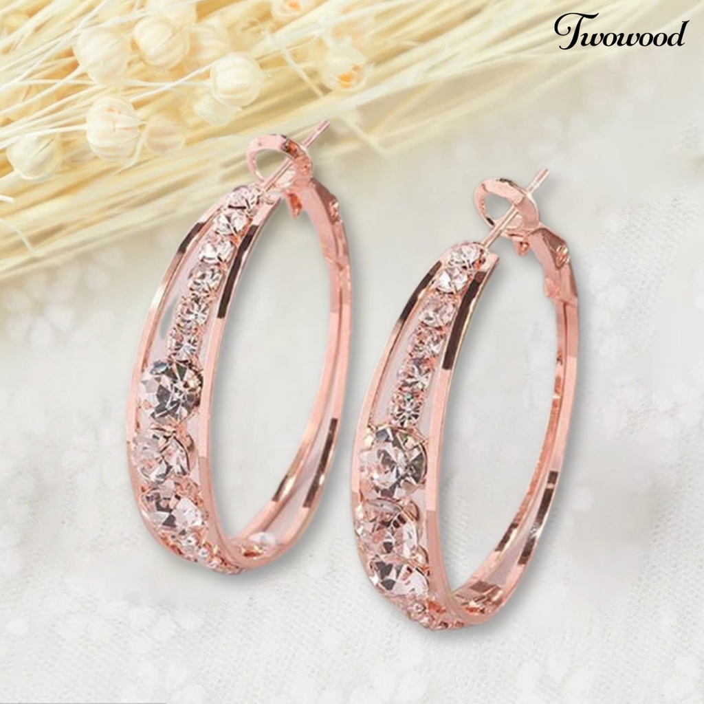 1 Pasang Anting Hoop Berlian Imitasi Bentuk Lingkaran Warna Rose Gold Untuk Wanita