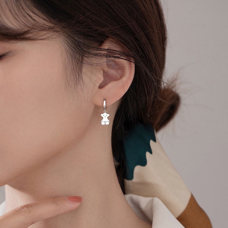 AY(CN) Set Anting Hoop Bentuk Hati Beruang Warna Silver Untuk Wanita