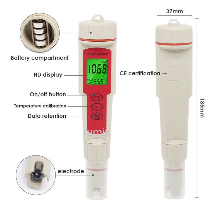 PH TDS EC Temperature Meter EZ9908 Tester ATC EZ-9908 Temp Suhu Hydrophonic Hidroponik EZ 9908 Hidrophonik 4in1