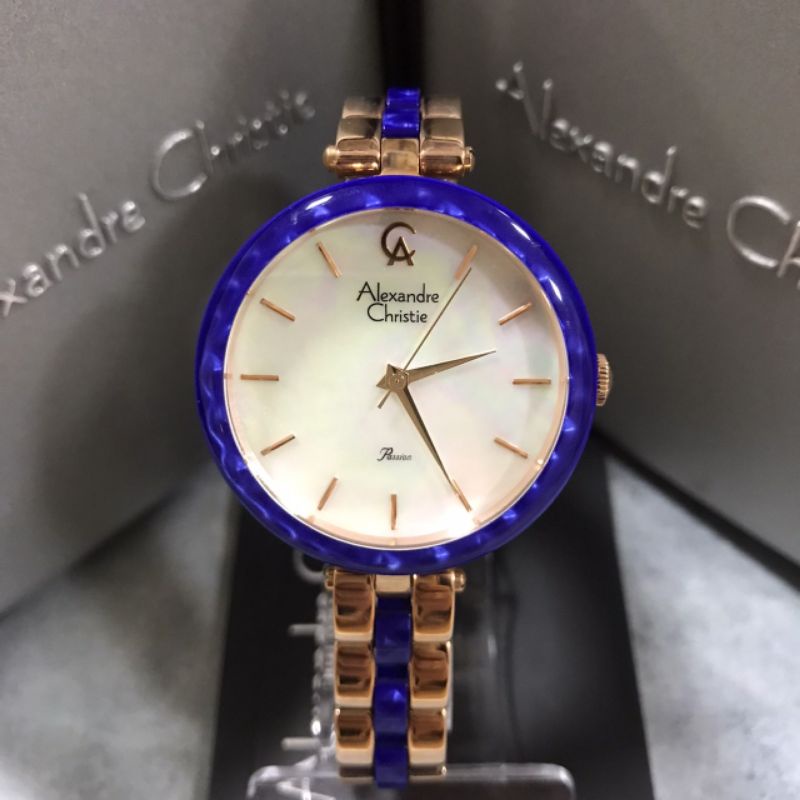 Jam Alexandre Christie AC 2758 LH BRG Wanita Rantai Rosegold Keramik Biru Putih Bulat