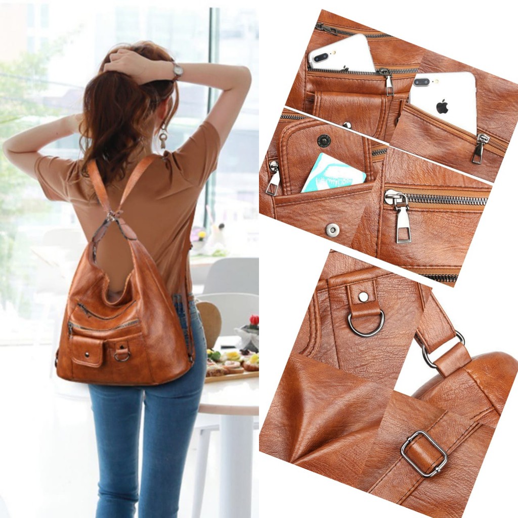 TAS SELEMPANG WANITA BISA RANSEL PREMIUM KULIT COKLAT SHOULDER BAG BAHU SLING KOREA BESAR  CAVATA TA467B7 IMPORT BRANDED BATAM MURAH ORI FASHION CEWEK KEKINIAN REMAJA