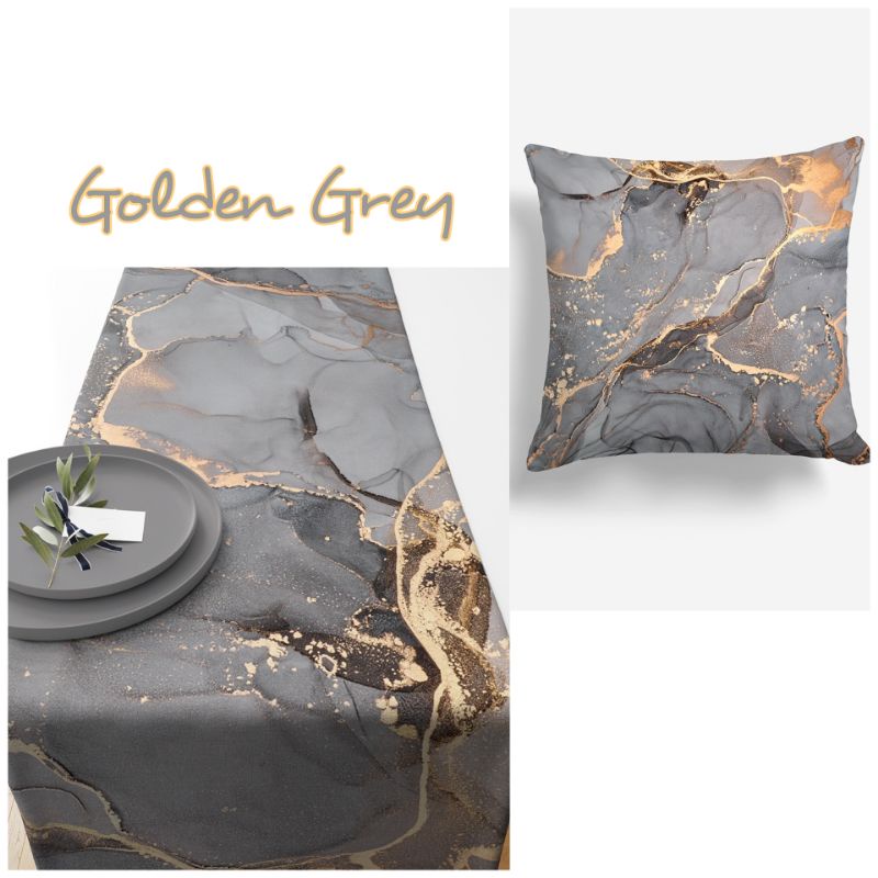 TABLE RUNNER TAPLAK MEJA MOTIF MARBLE GEMSTONE GOLD 140X40 DAN 230X40 CM