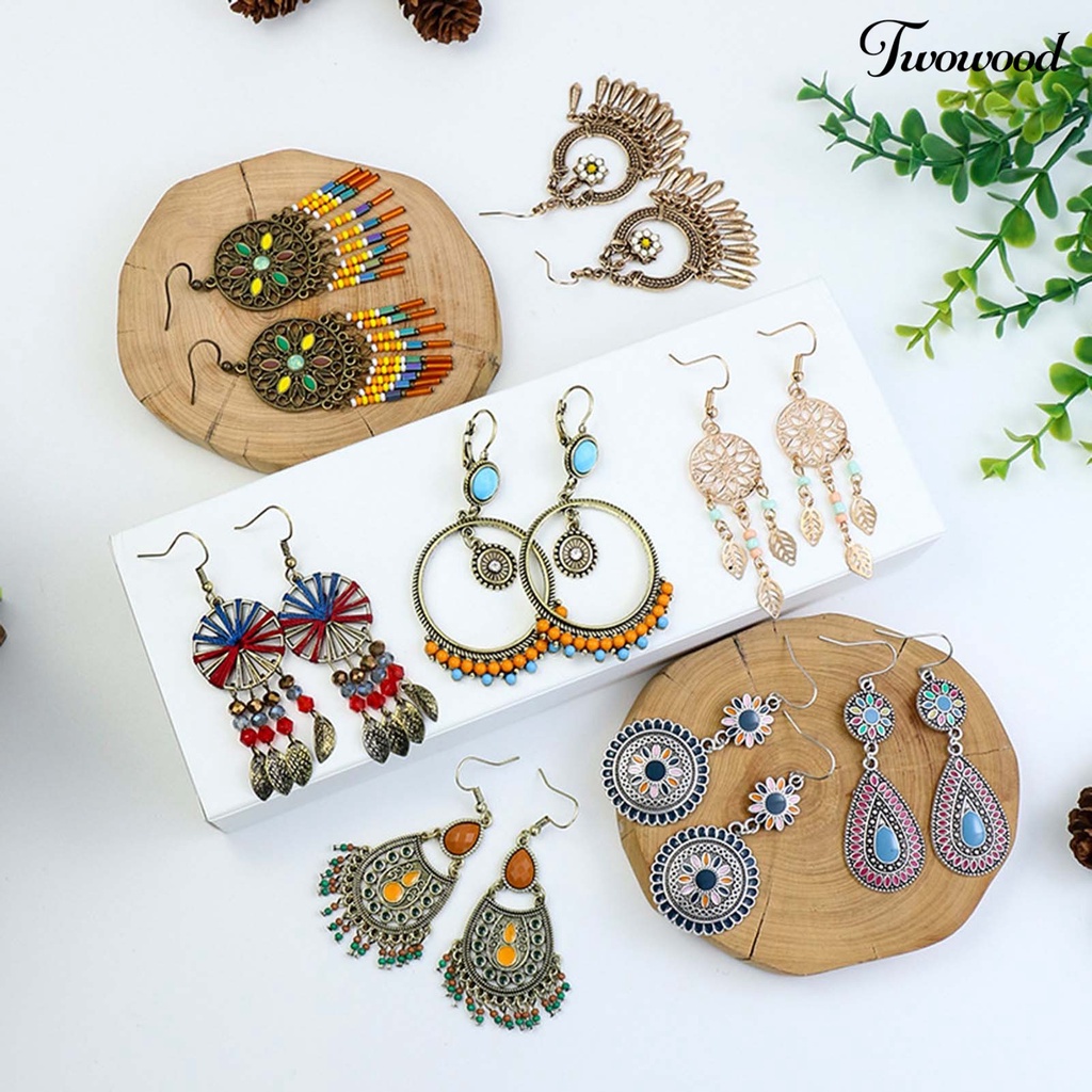 1 Pasang Anting Hook Model Hollow Aksen Manik-Manik Warna-Warni Gaya Bohemian Vintage Untuk Pesta