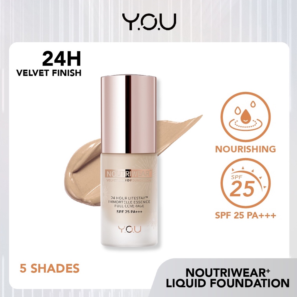 YOU NoutriWear+ Velvet Liquid Foundation SPF Alas Bedak 20ml | Tahan Lama 24 Jam Full Coverage Perawatan Wajah BPOM