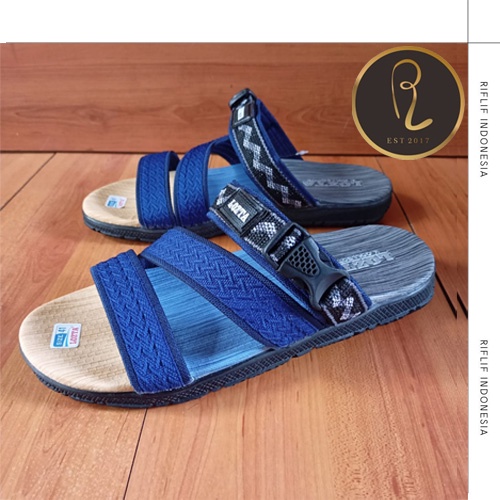 Sandal Selop Pria Keren Terbaru Bahan  Kain Biru / Sandal Selop Laki-Laki Dewasa untuk Jalan -Jalan Murah Keren Gaya dan Elegan