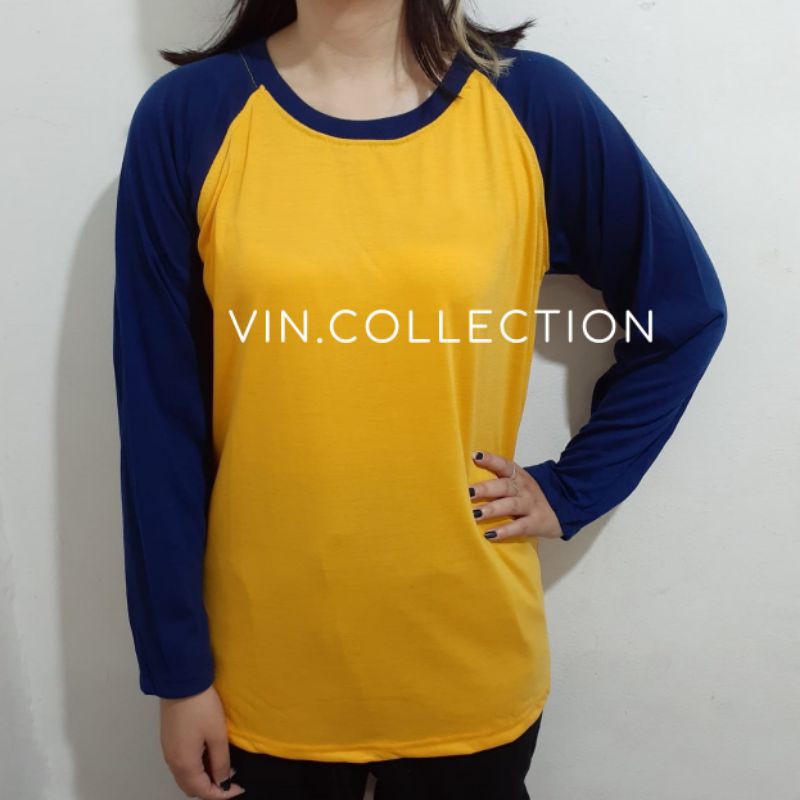 Kaos polos raglan pria wanita - kuning kunyit kombinasi donker