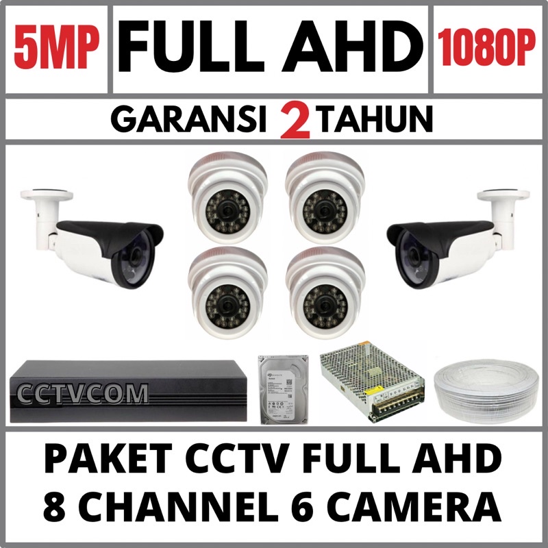 PAKET CCTV AHD 8 CHANNEL 6 CAMERA 5MP 1080P KOMPLIT TINGGAL PASANG CCTVMURAH