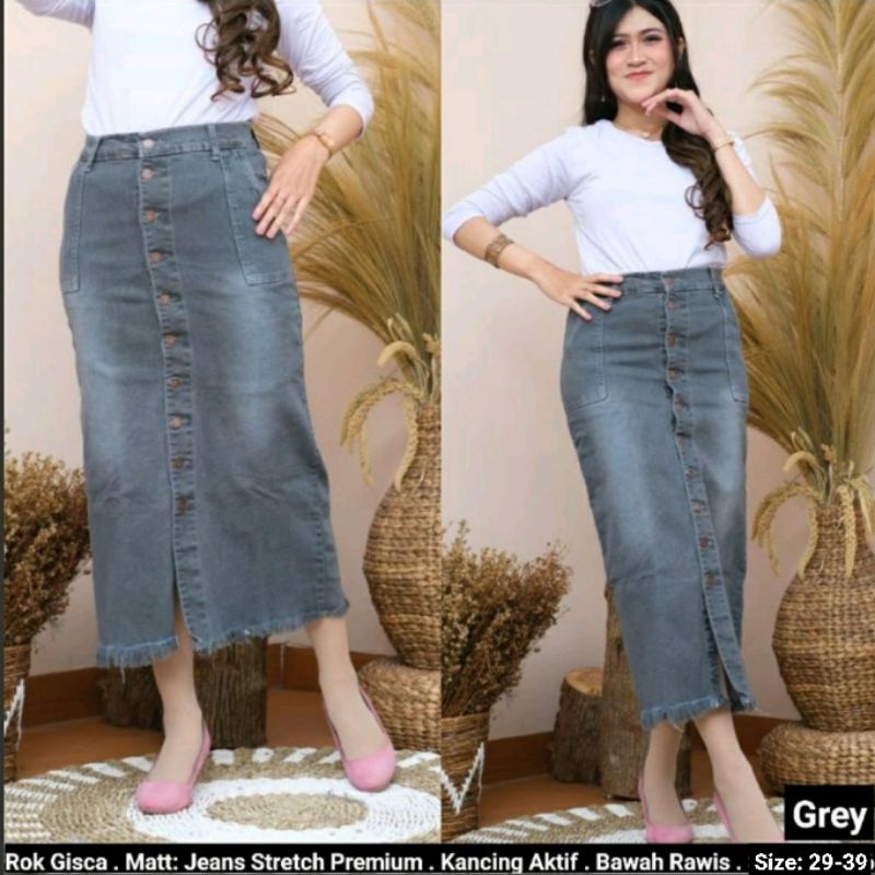 Rok Jeans Stretch Span Panjang Gisca Kancing Depan Tebal Dan Melar-Gray