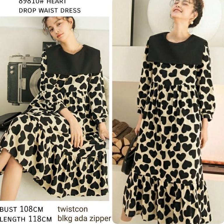 89810  Baju Dress  panjang lengan panjang rumbai rempel renda motif love putih hitam gaya cewek Kore