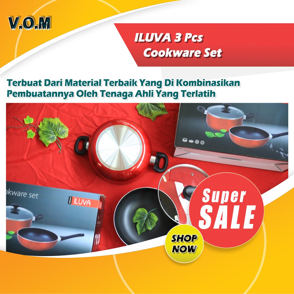 VOM-ILUVA 3Pcs Cookware Set Panci Wajan Teflon Set 0462