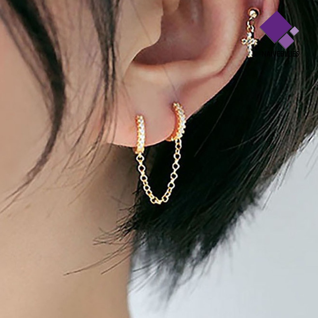 Naiveblue 1 Pasang Anting Tusuk Gantung Rantai Ganda Hias Cubic Zirconia Untuk Wanita