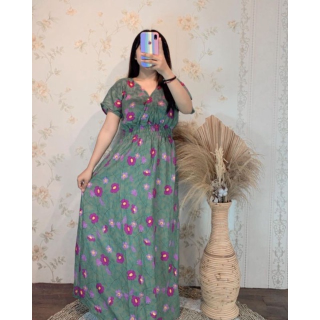 Daster long dress leher V sexy bahan rayon motif bunga