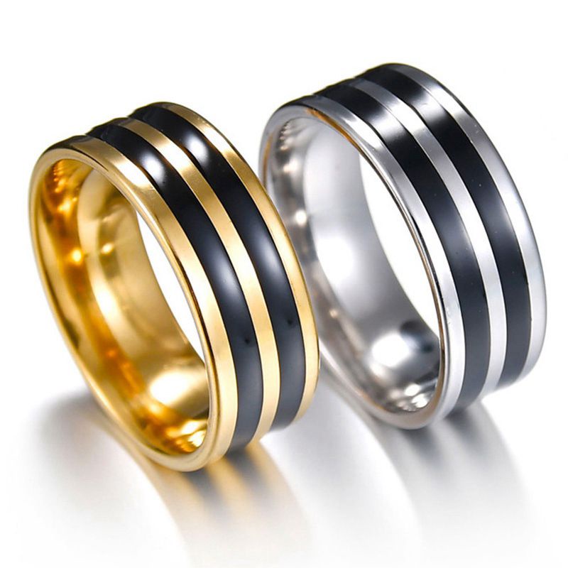 Perhiasan gold dan silver warna dua garis hitam cincin untuk wanita dan pria